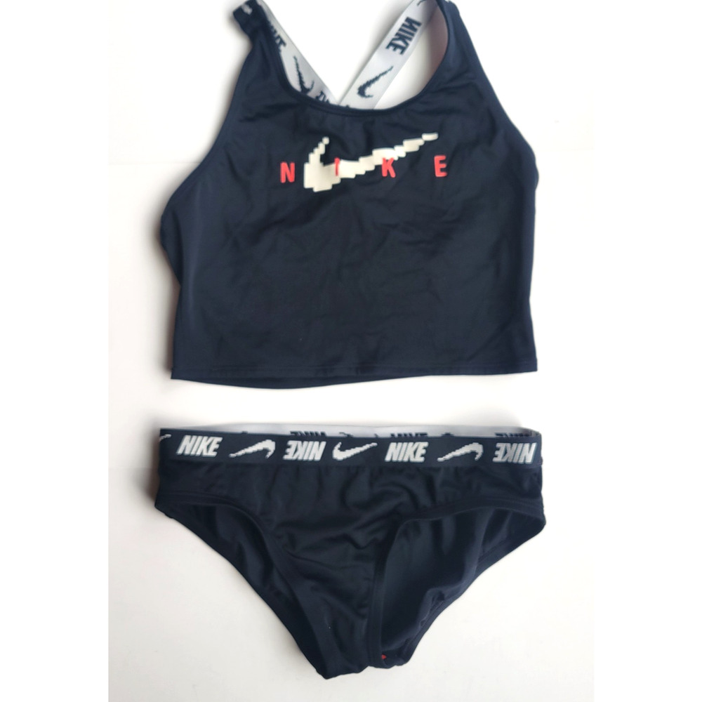 Nike Girl's Racerback Bikini Set Black White Logo Swimwear Size L